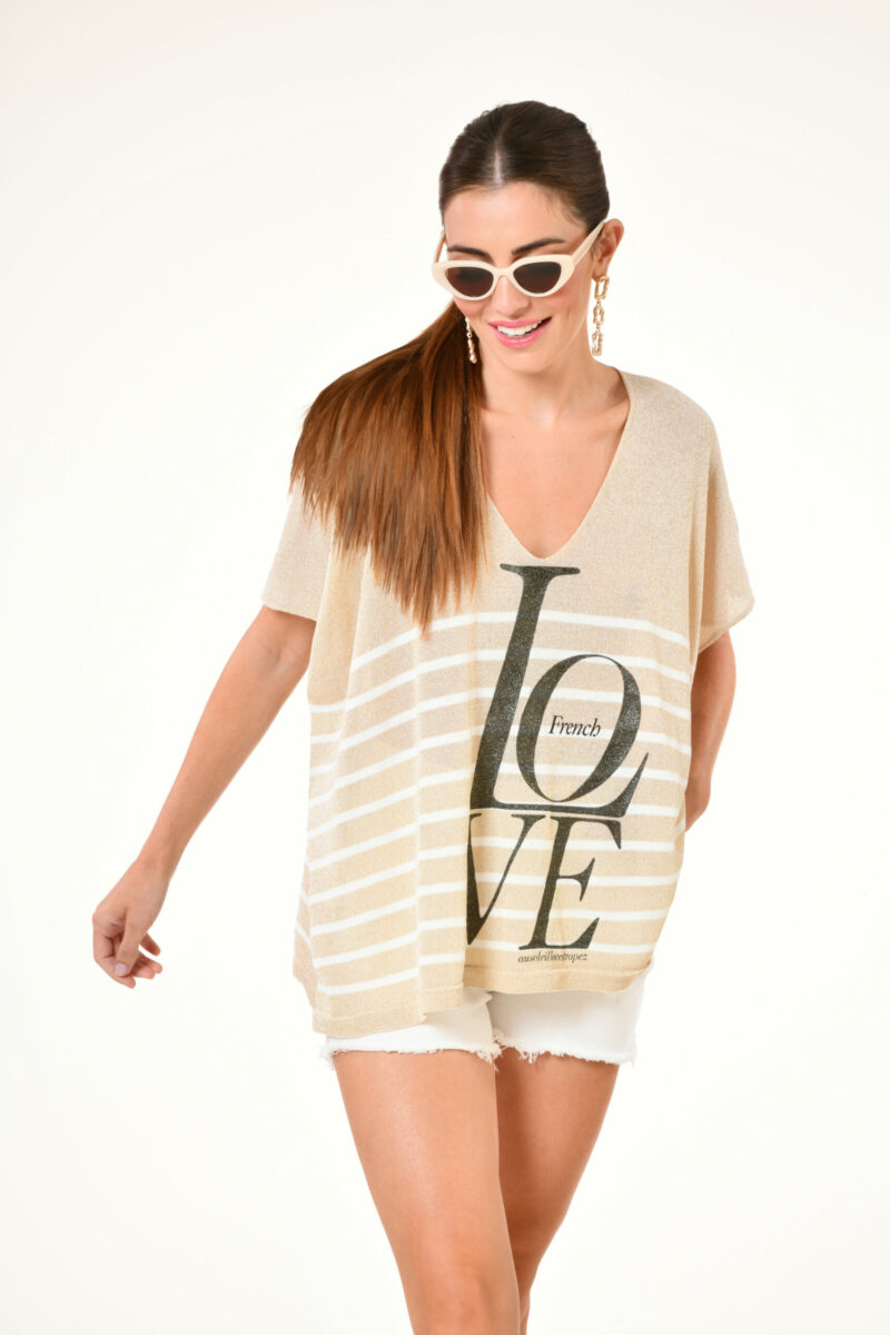 Pull happiness french love rayure gold blanc Au soleil saint tropez Printemps 2024 . Sérigraphie French Love . Taille unique