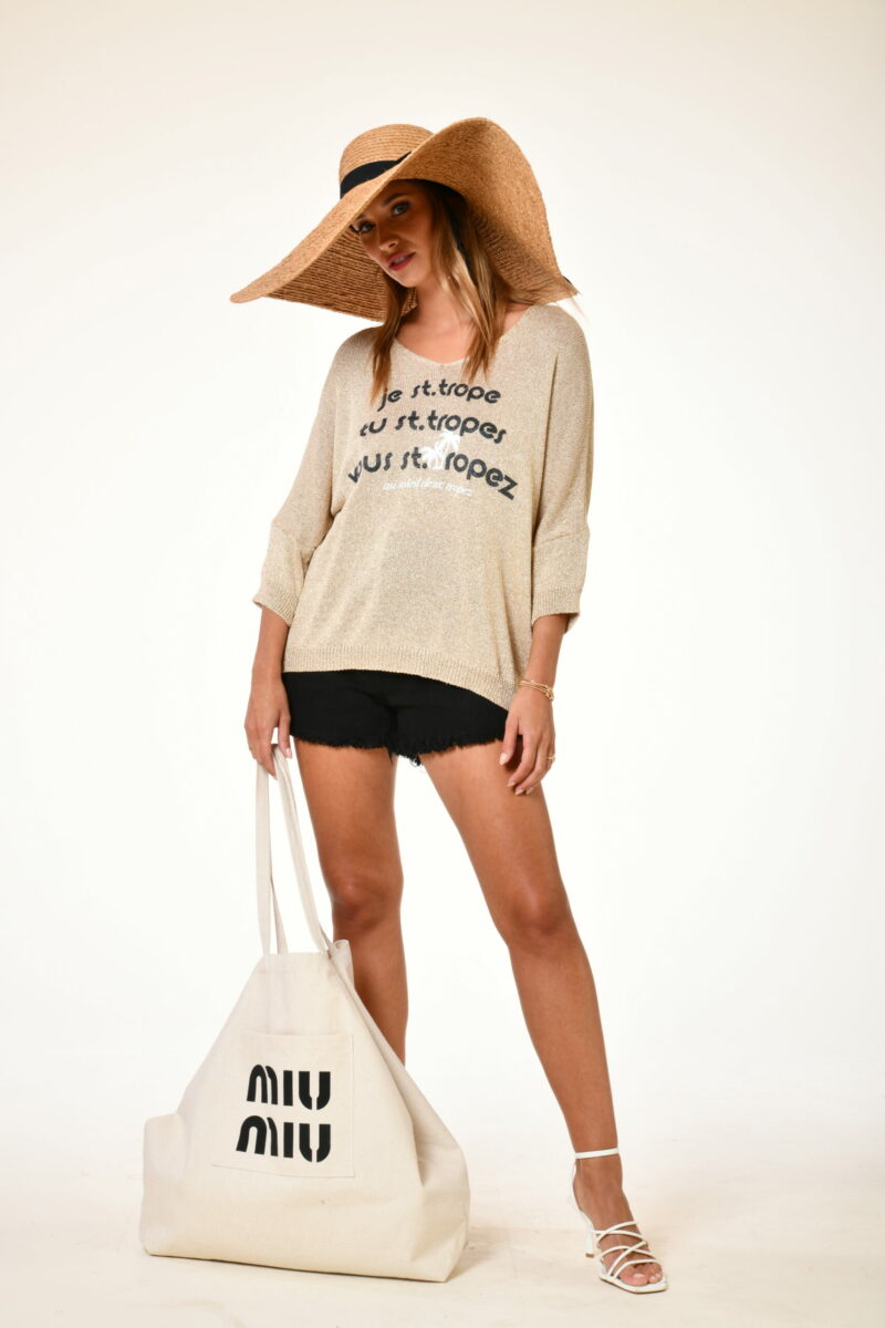 Pull romance Je st trope, tu st tropes vous st.tropez gold Au soleil saint tropez Printemps 2024 . Sérigraphie ST TROPE . Taille unique