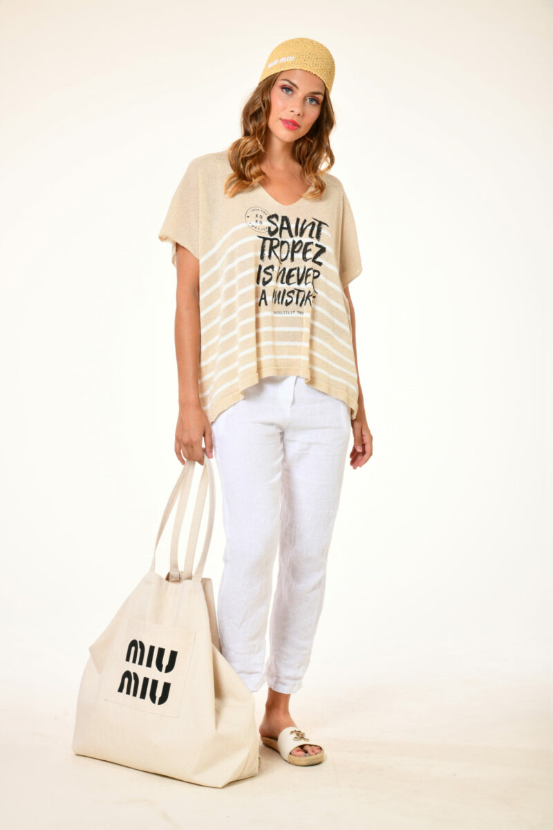 Pull happiness mistake rayure gold blanc Au soleil saint tropez Printemps 2024 . Sérigraphie Mistake . Taille unique