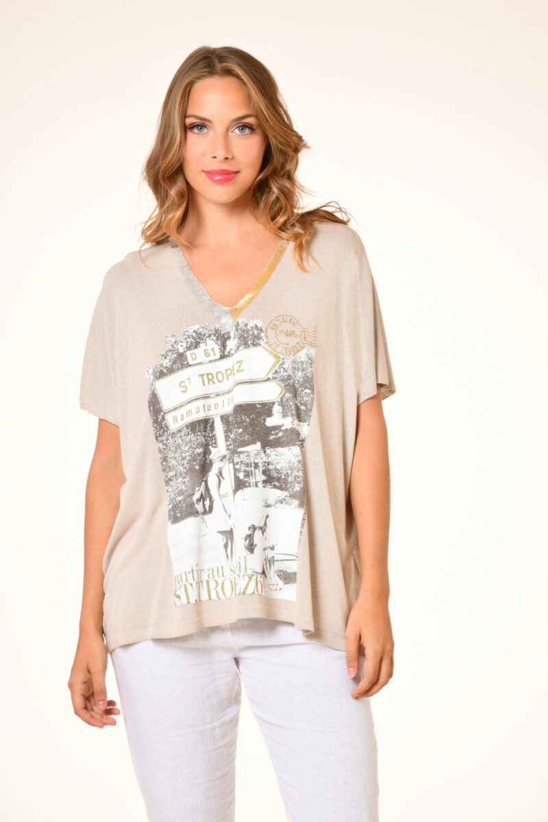 Pull dolce ramatuelle beige Au soleil saint tropez Printemps 2024 . Sérigraphie Ramatuelle . Taille unique