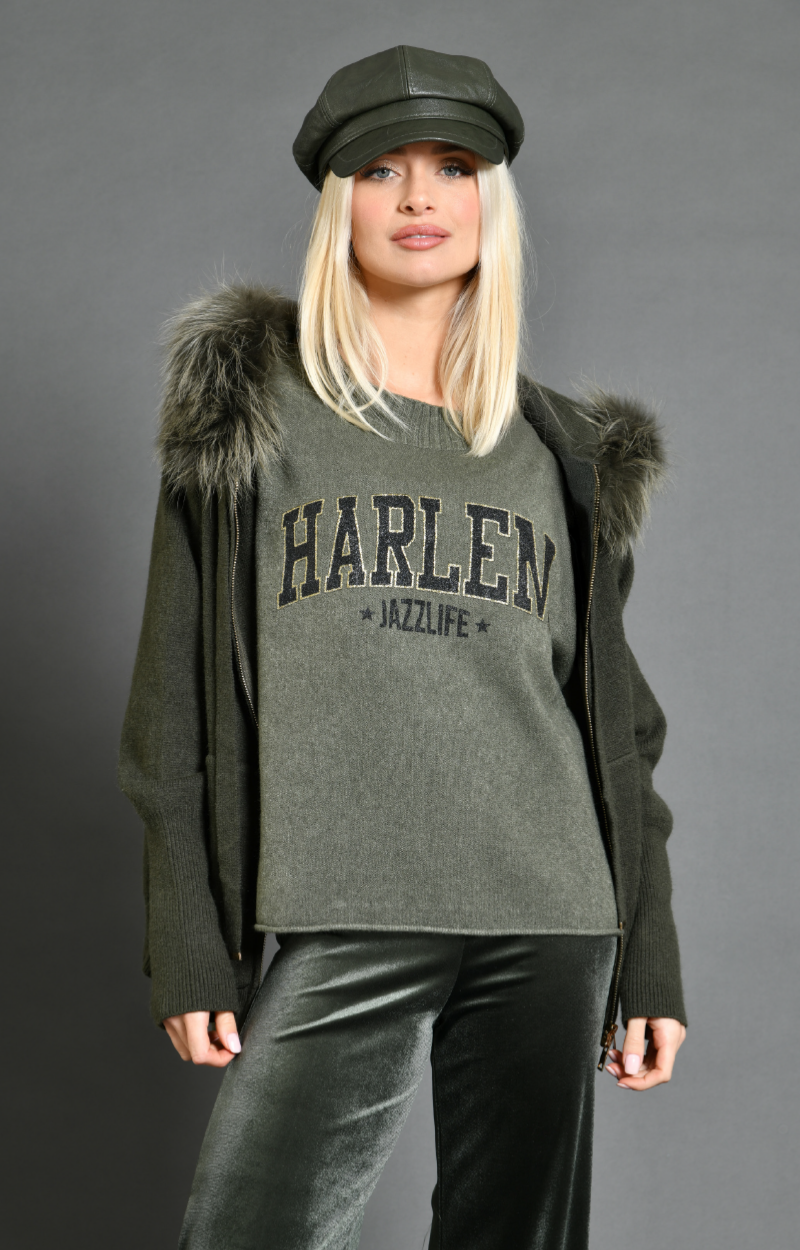 Pull kaki Mambo sérigraphie Harlem + Gilet Jack Kaki à capuche fourrure