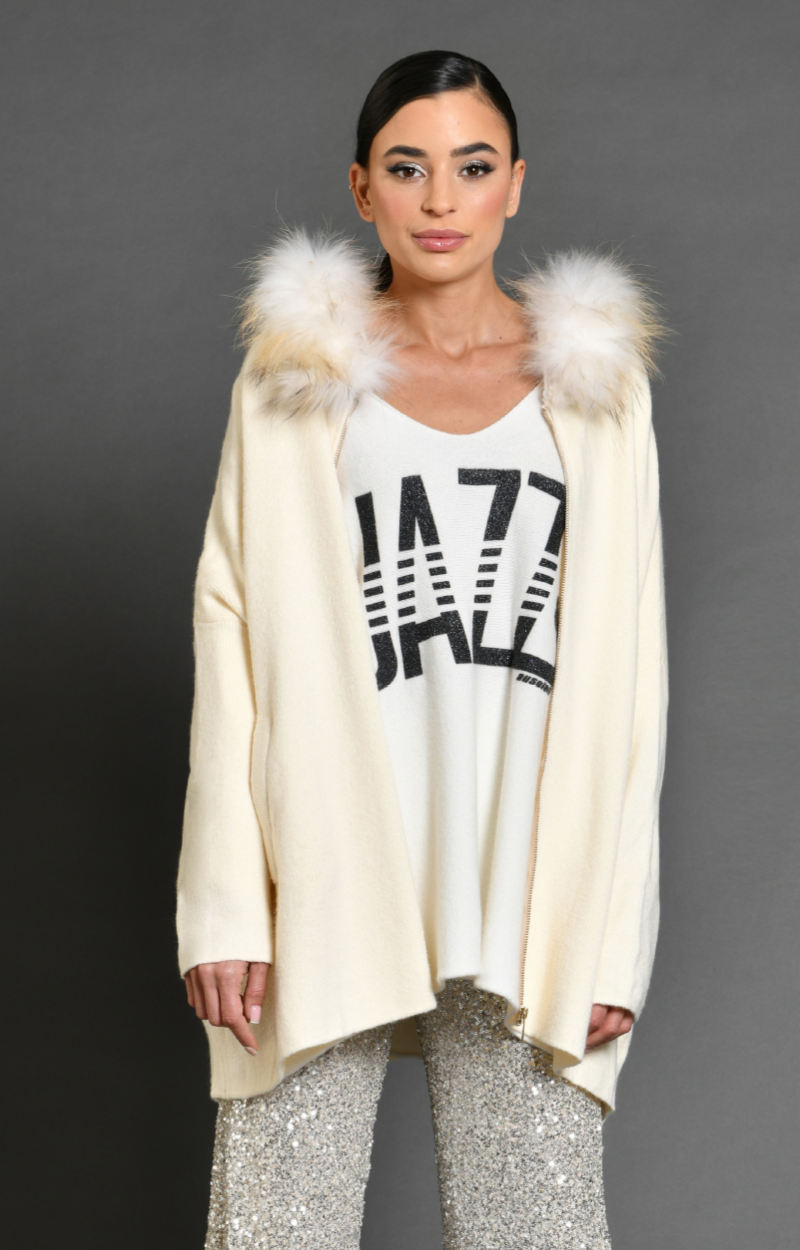 Gilet Jackson Ecru avec capuche fourrure - Taille unique.