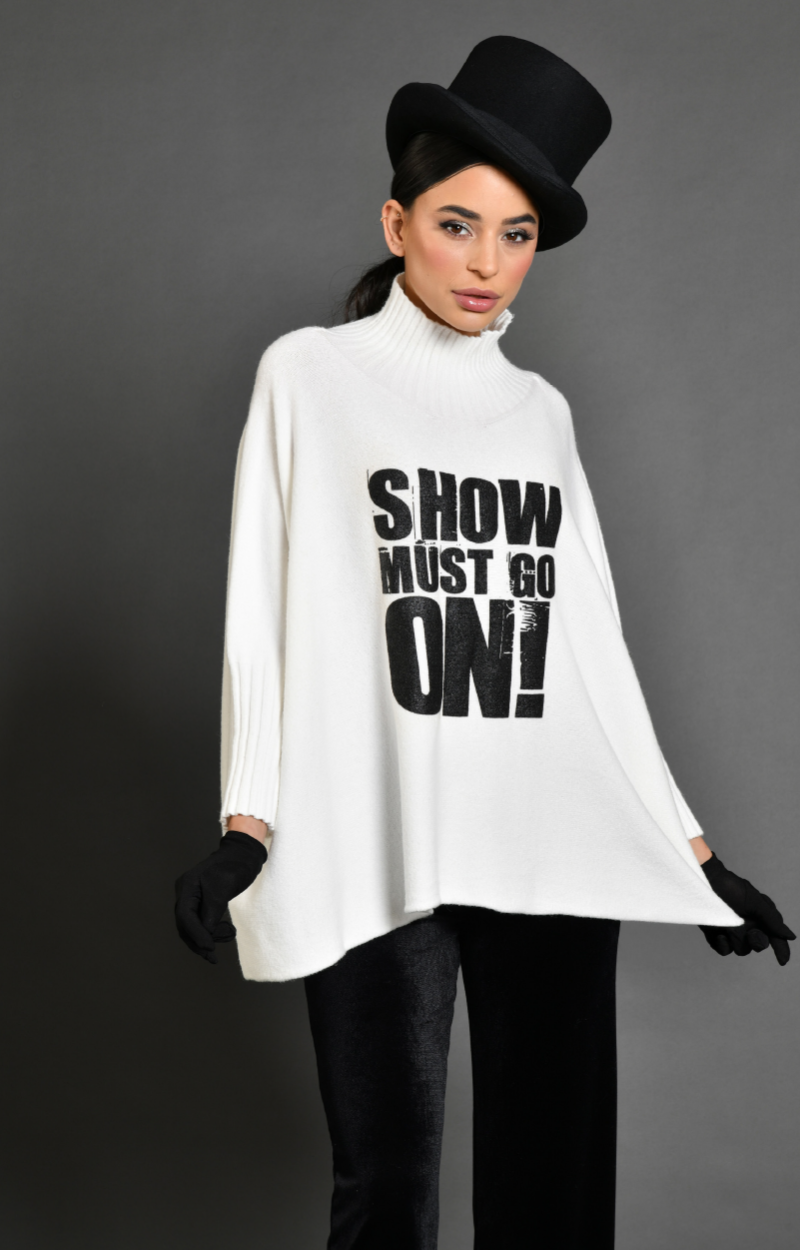 Pull Aristo Blanc Col roulé sérigraphie Show