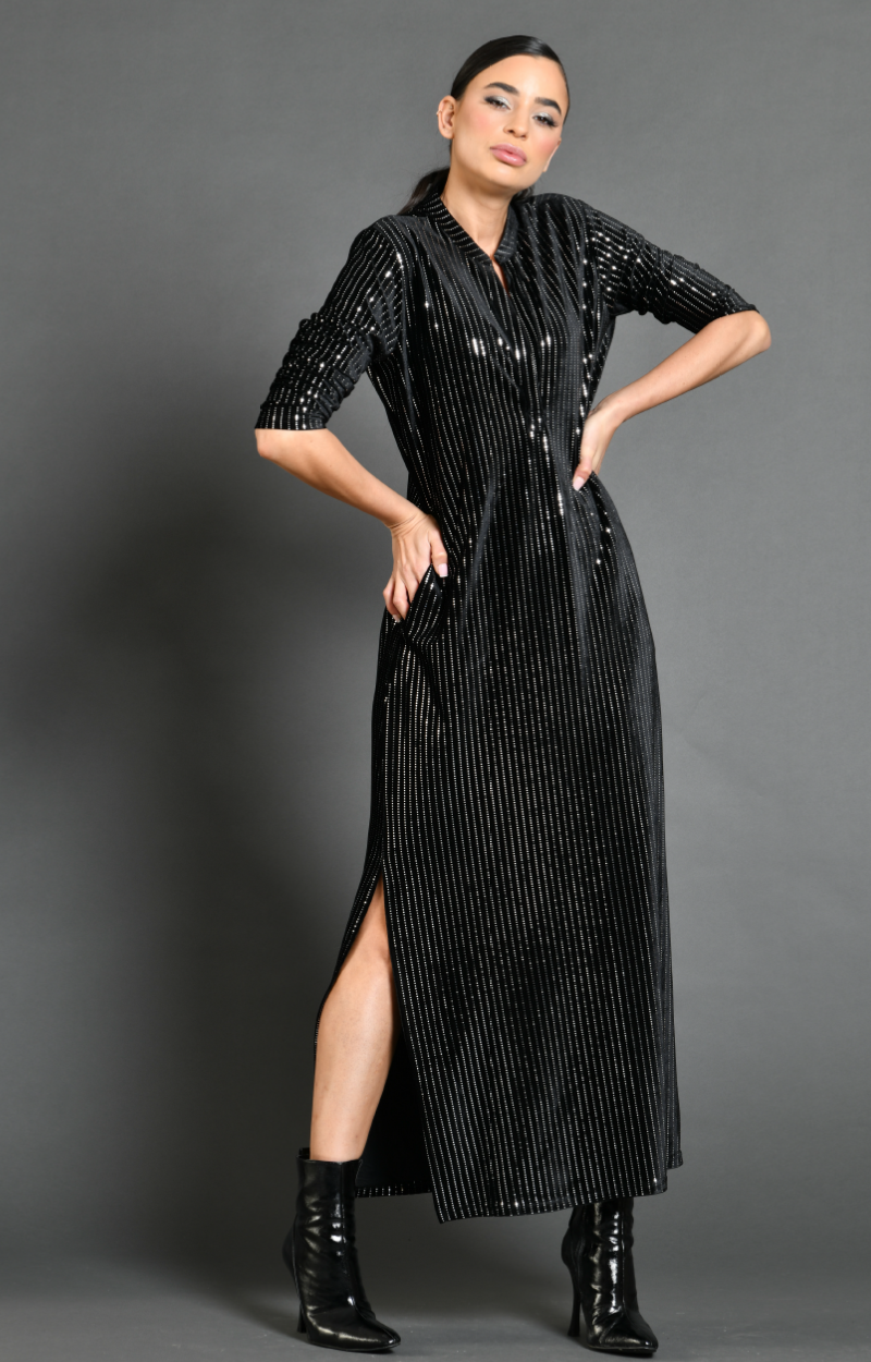 Robe longue fendue sur le côté noir paillettée Cristal