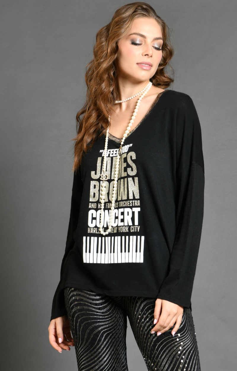 Tshirt Noir Col V dorée cotelé - sérigraphie James Brown